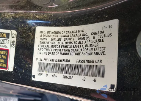 2011 Honda Civic Lx z USA, uszkodzony, nr VIN 2HGFA1F55BH520310